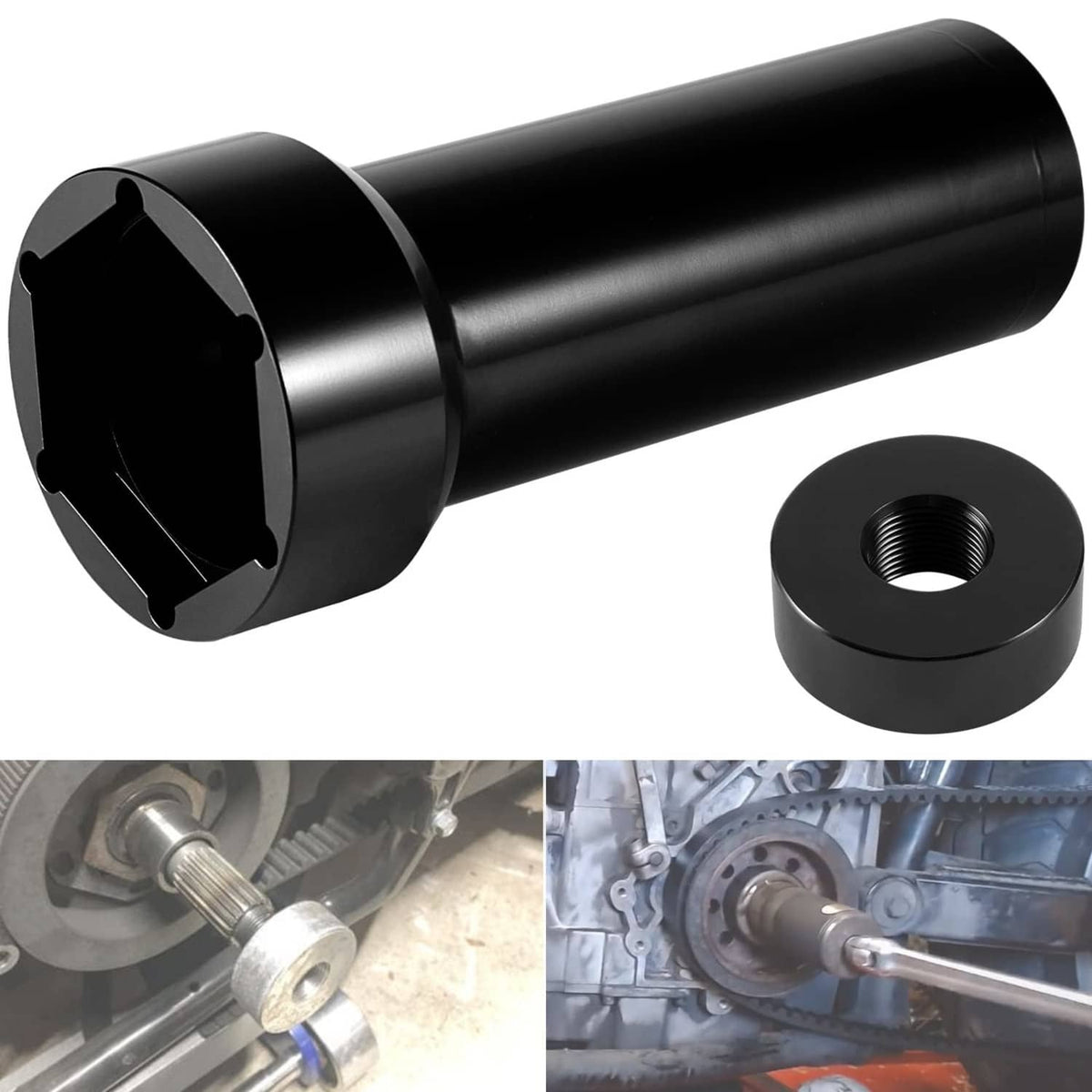 Mainshaft sprocket socket tool with black steel body and threaded cap beside engine