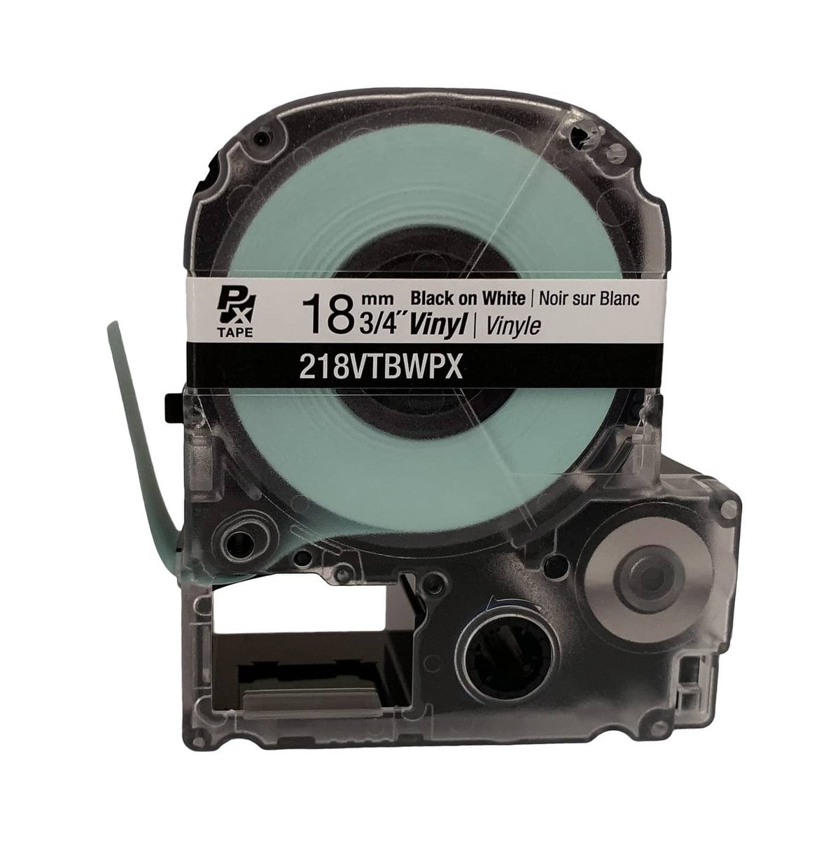 Label maker tape cartridge close-up, 18mm black on white vinyl, teal tape roll visible