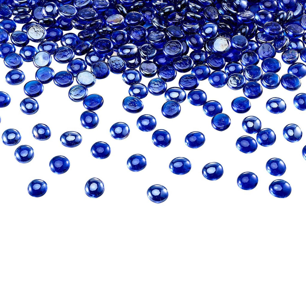 Close-up of cobalt blue round fire pit glass rocks, glossy glass beads
