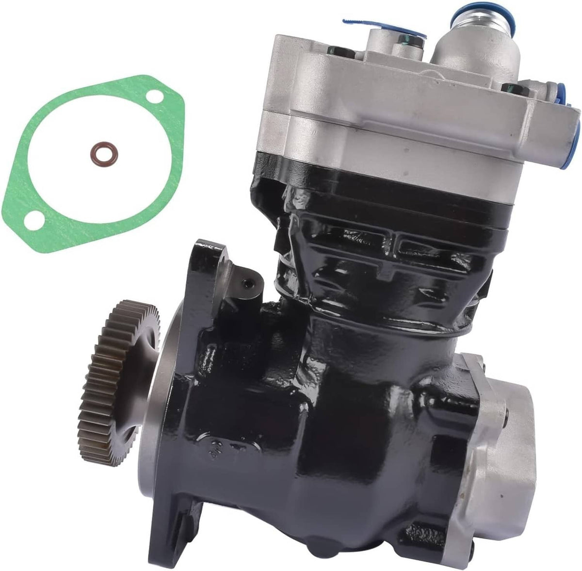 Truck air brake compressor with gear, silver and black finish