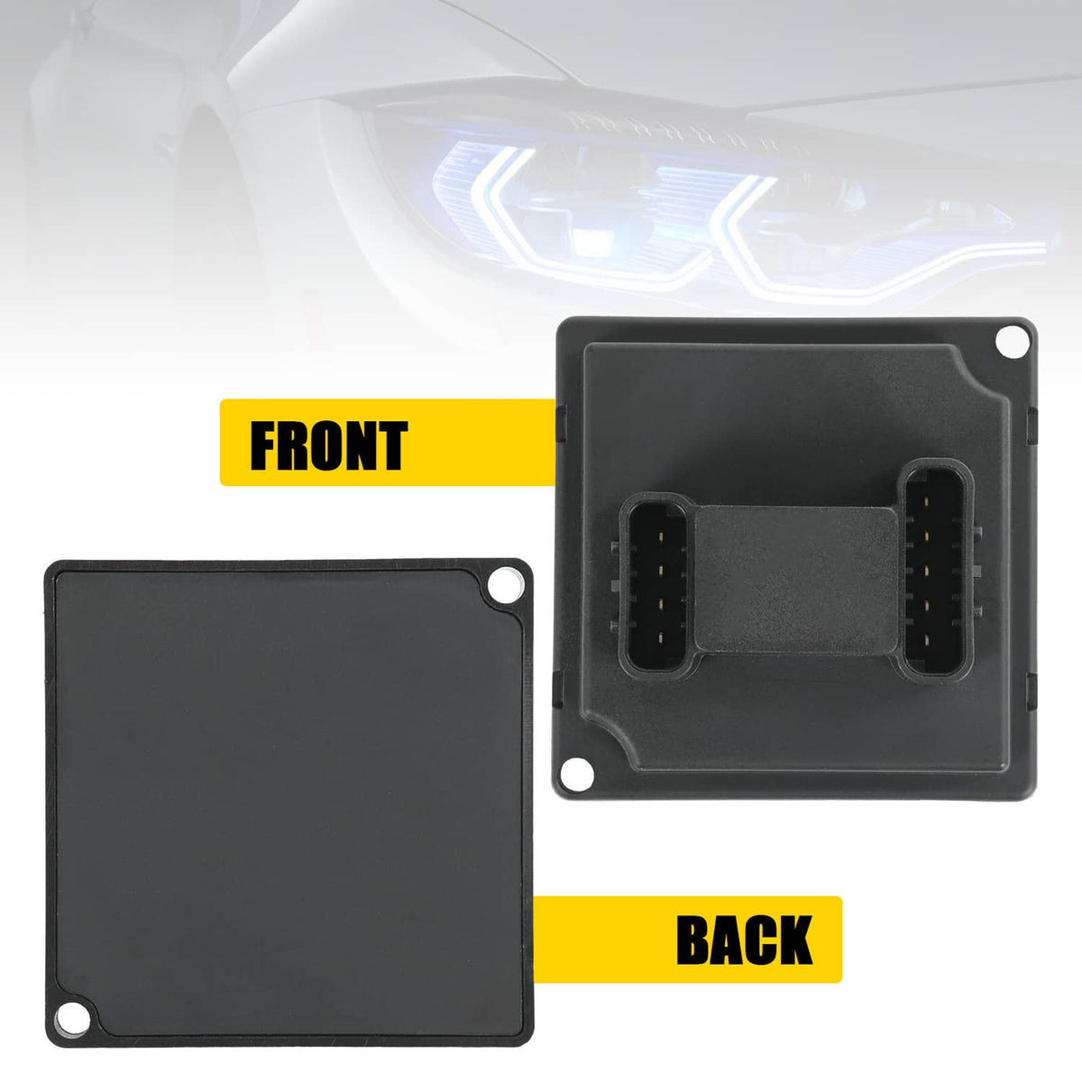 Black headlight actuator control relay module shown front and back with connector ports.