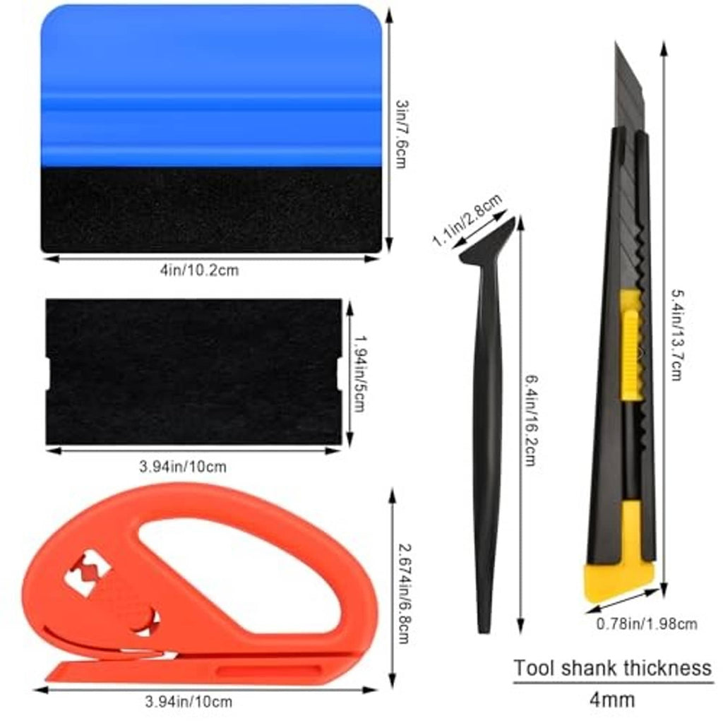 Window film kit tools shown with blue felt pad, orange scraper, and black-and-yellow cutter
