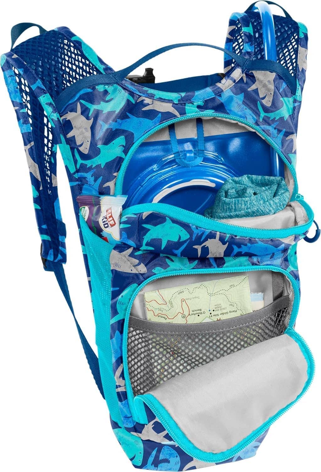 Kids hydration backpack by Camelbak, open front pocket with blue hydration tube and shark print