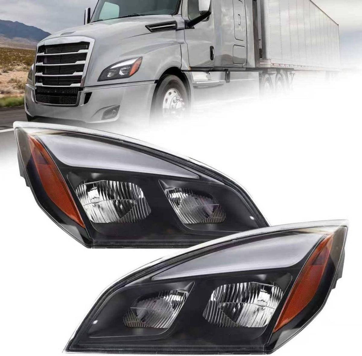 LED headlights for Freightliner Cascadia with amber corner lights, mounted on truck front