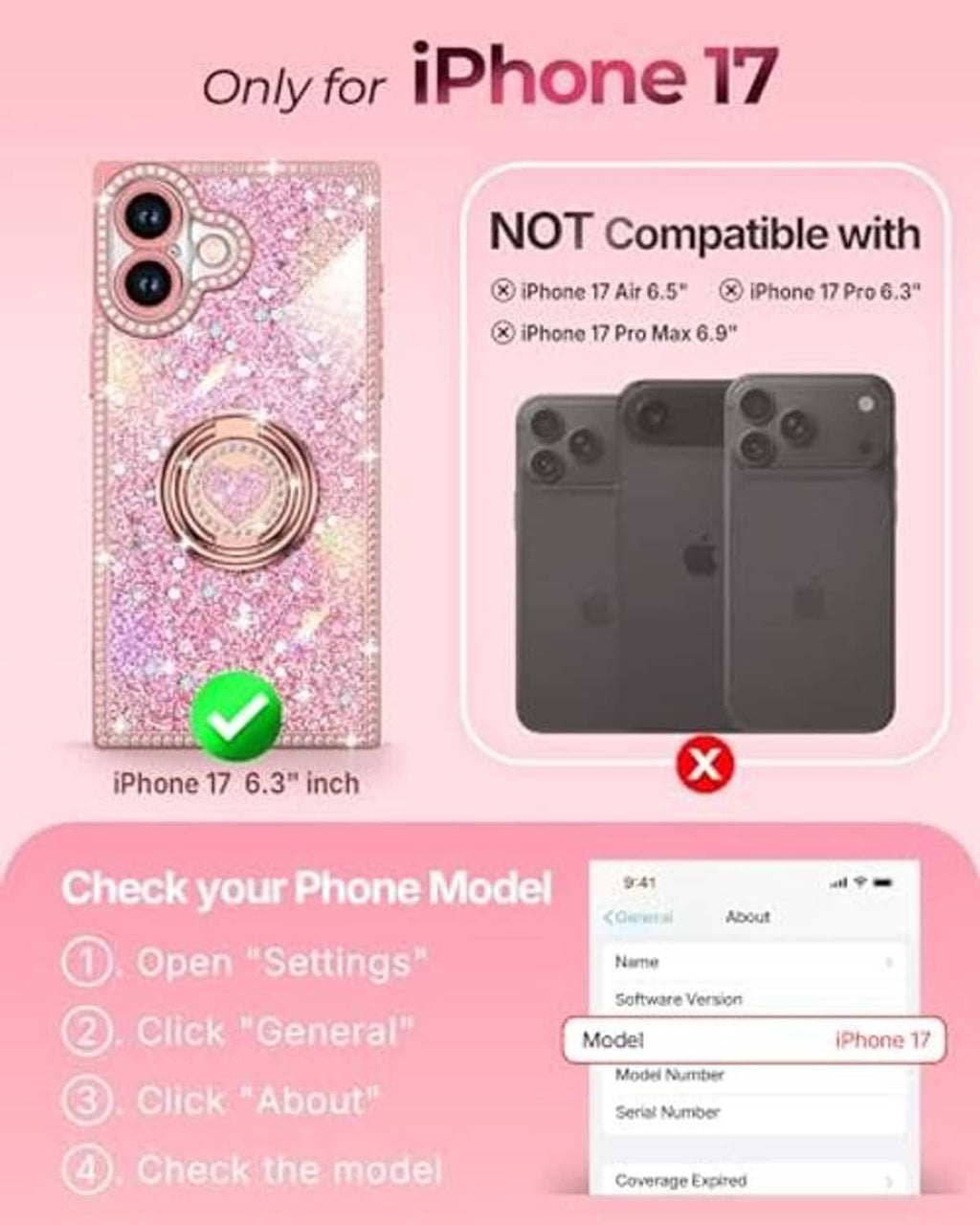 Pink glitter phone case with gold heart ring holder and dual camera cutouts