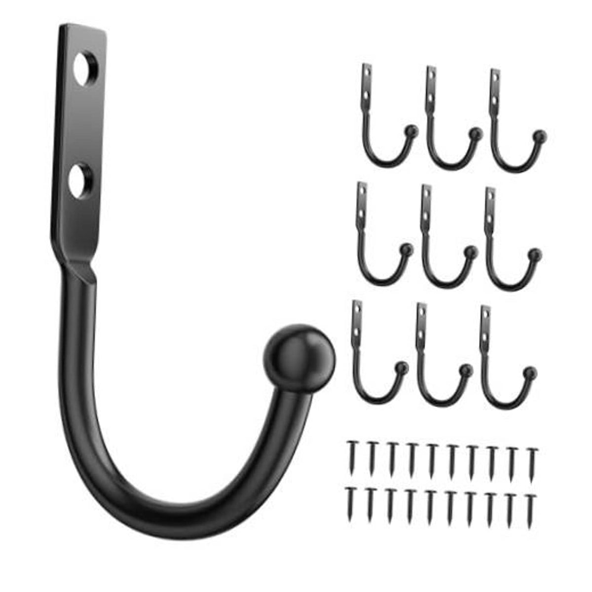 Black metal wall hooks set with U-shaped hooks and mounting screws, 10-pack