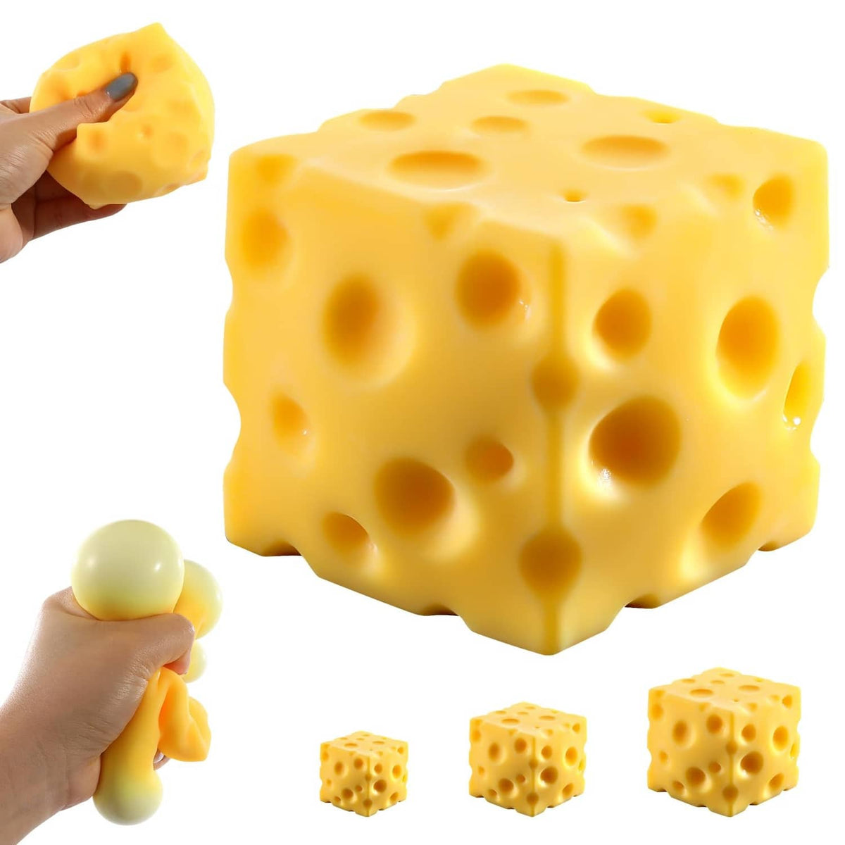 Yellow cheese block squishy stress toy, hand squeezing small cube