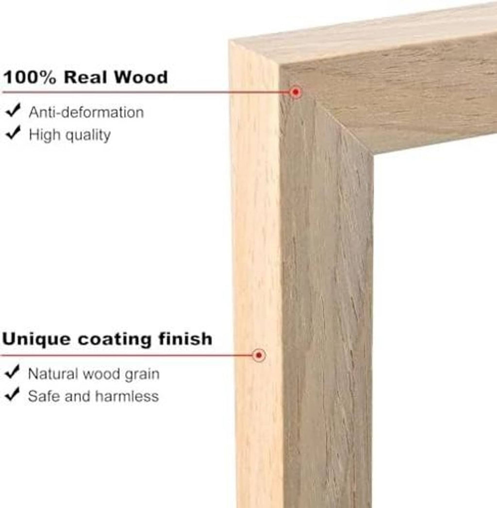 Close-up of natural wood picture frame corner with visible wood grain finish