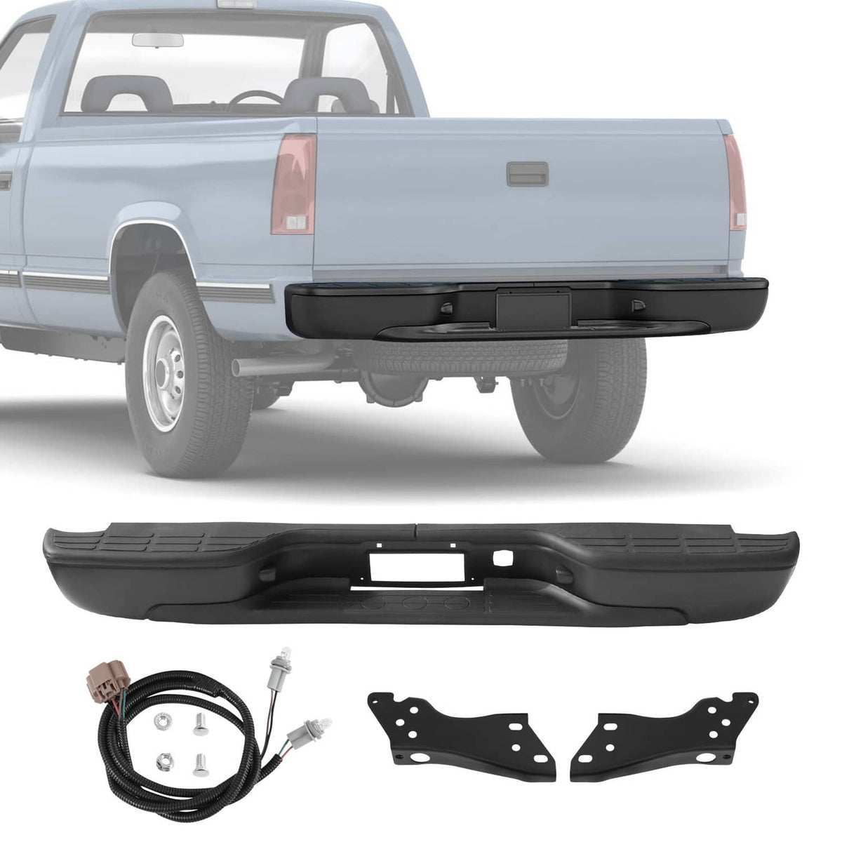 Black rear step bumper assembly kit with wiring harness and mounting brackets