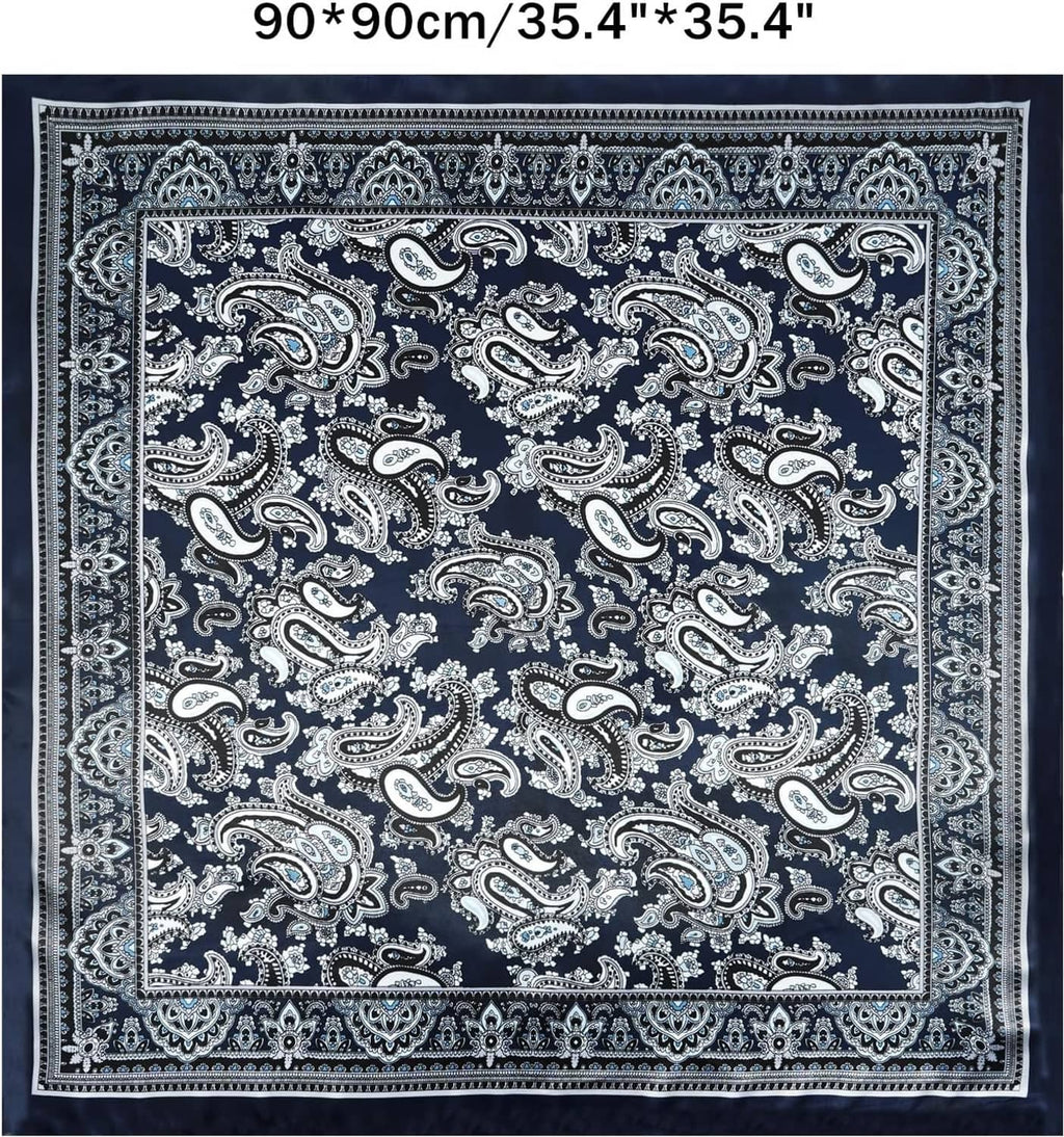 Blue wild rag scarf panel with white paisley ornament border and centered design