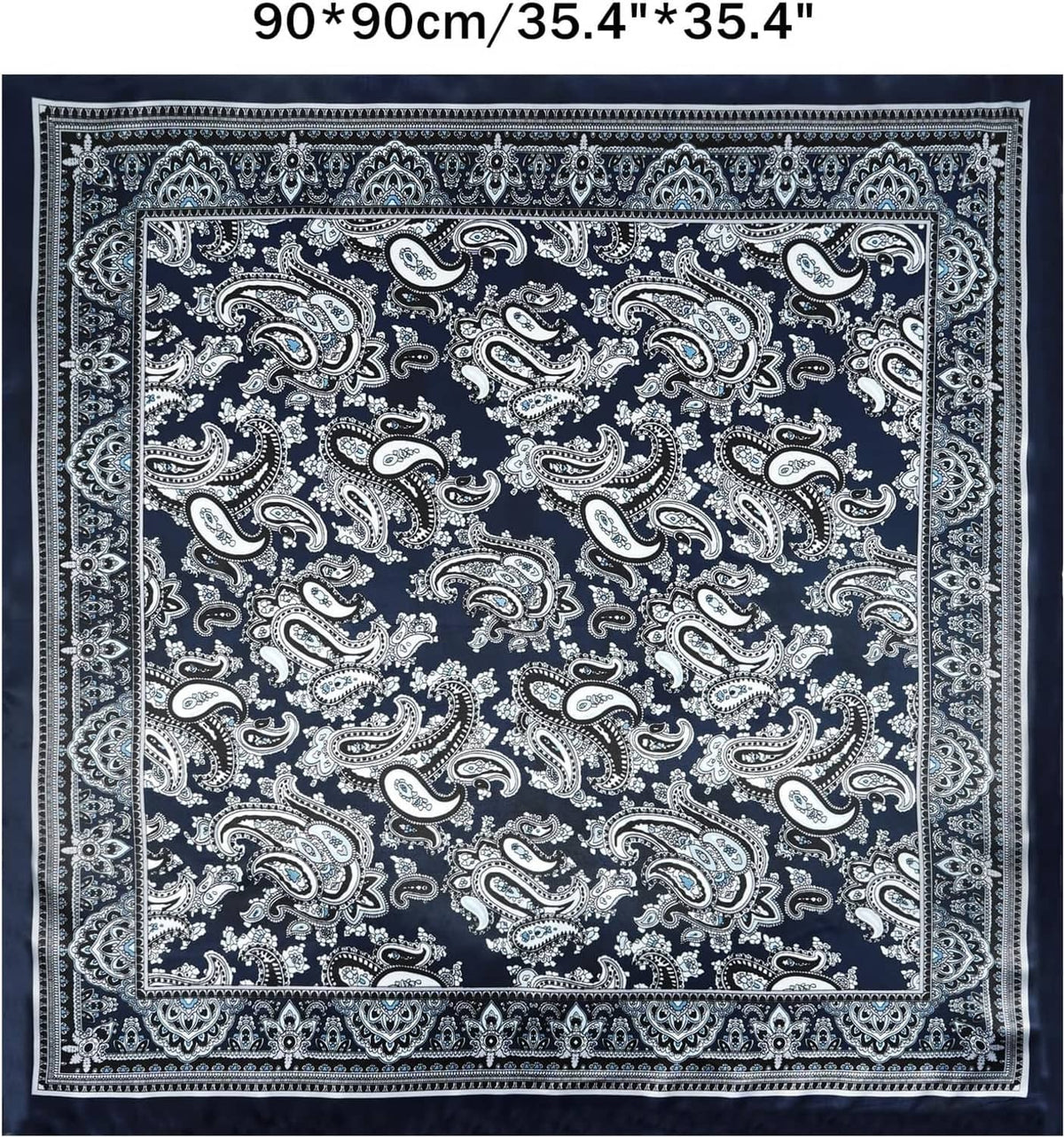 Blue wild rag scarf panel with white paisley ornament border and centered design