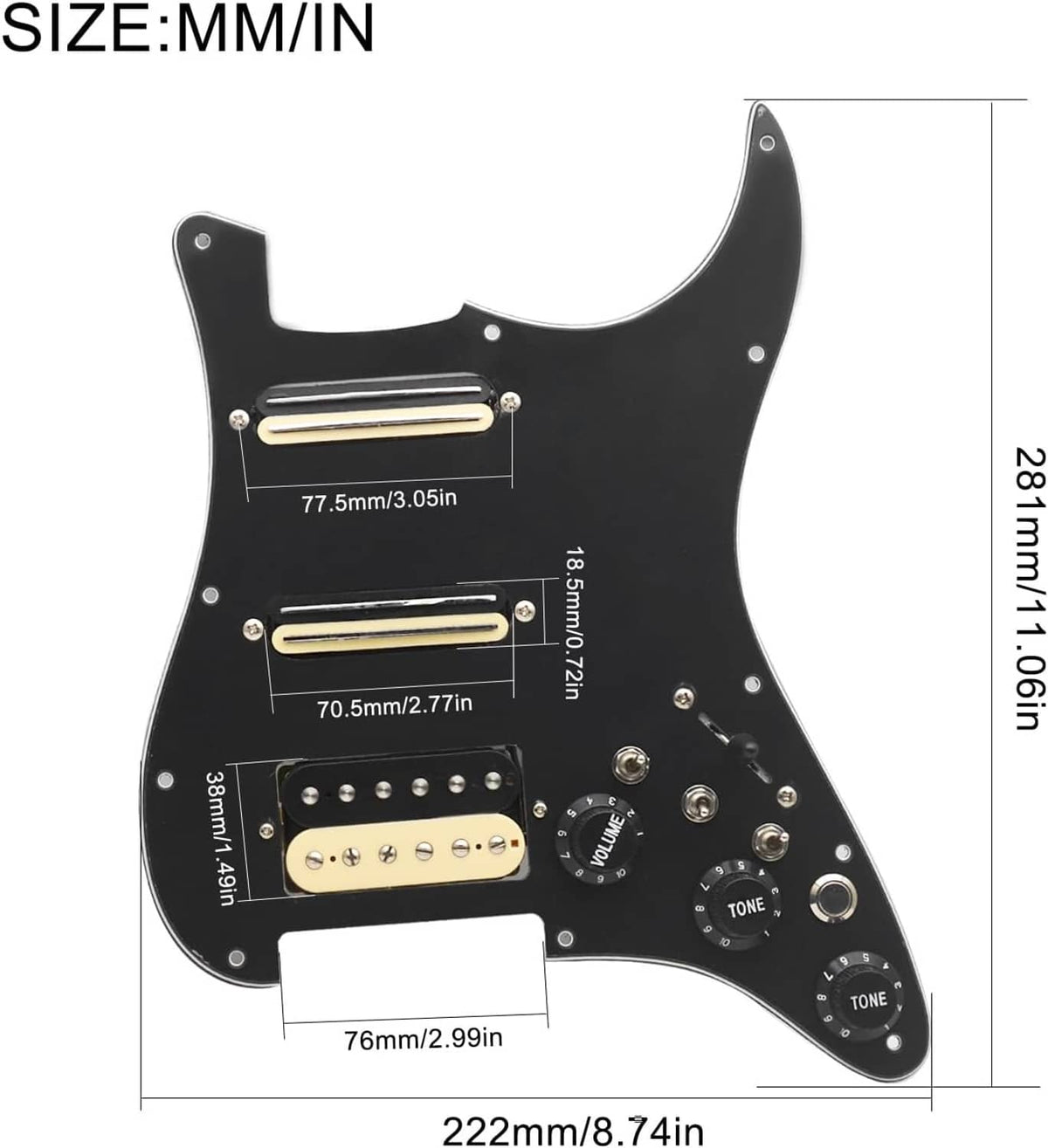 Black electric guitar pickguard with three humbucker pickup cutouts and size measurements