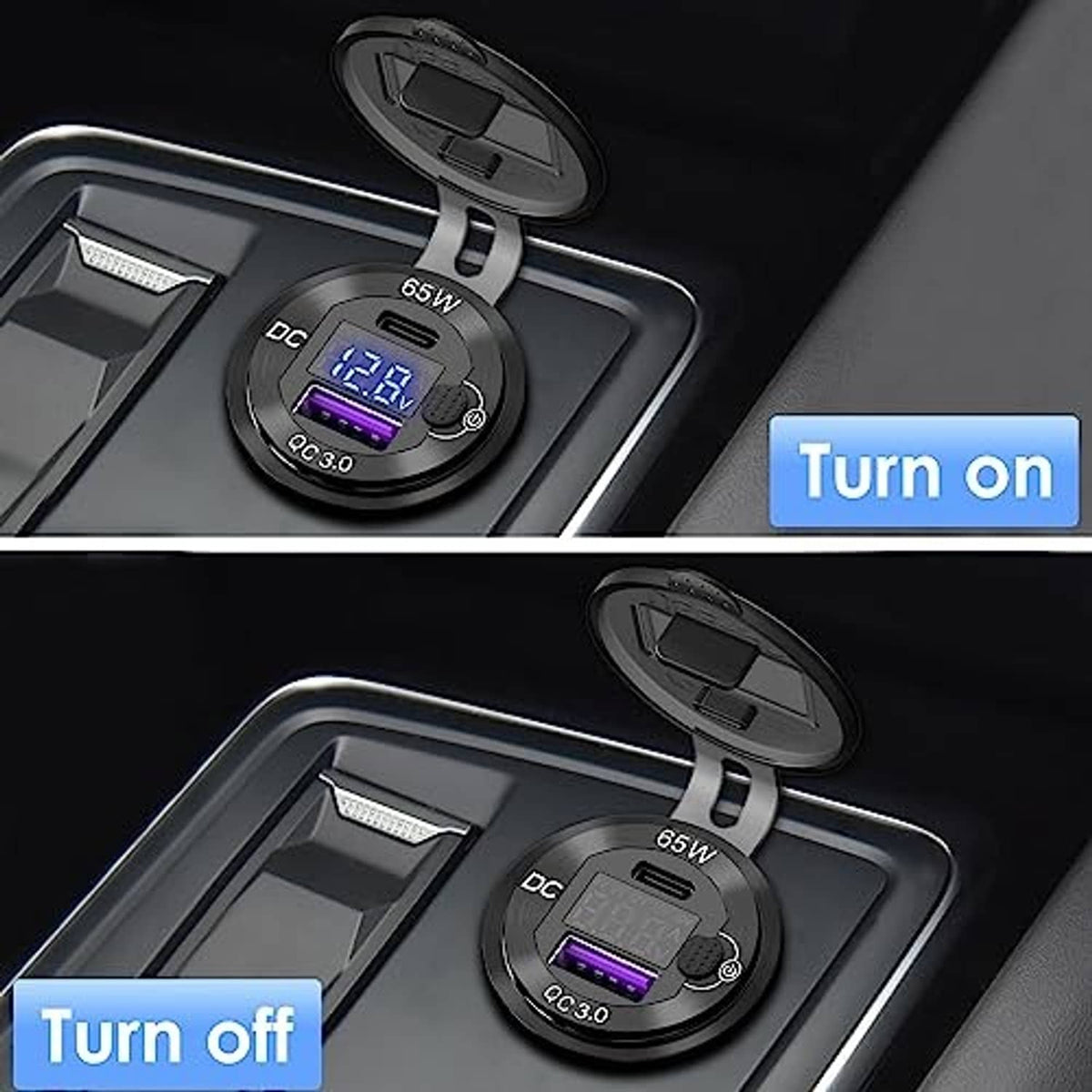 Black USB power outlet with lid, blue LED 12.8V display, and QC3.0 USB port