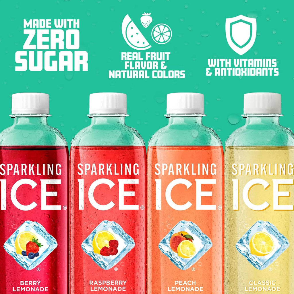 Sparkling Ice zero sugar bottles with berry, raspberry, peach, and classic lemonade flavors