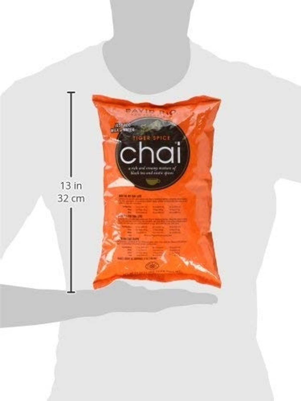 Orange chai pouch on a model, front view with height measurement on the side