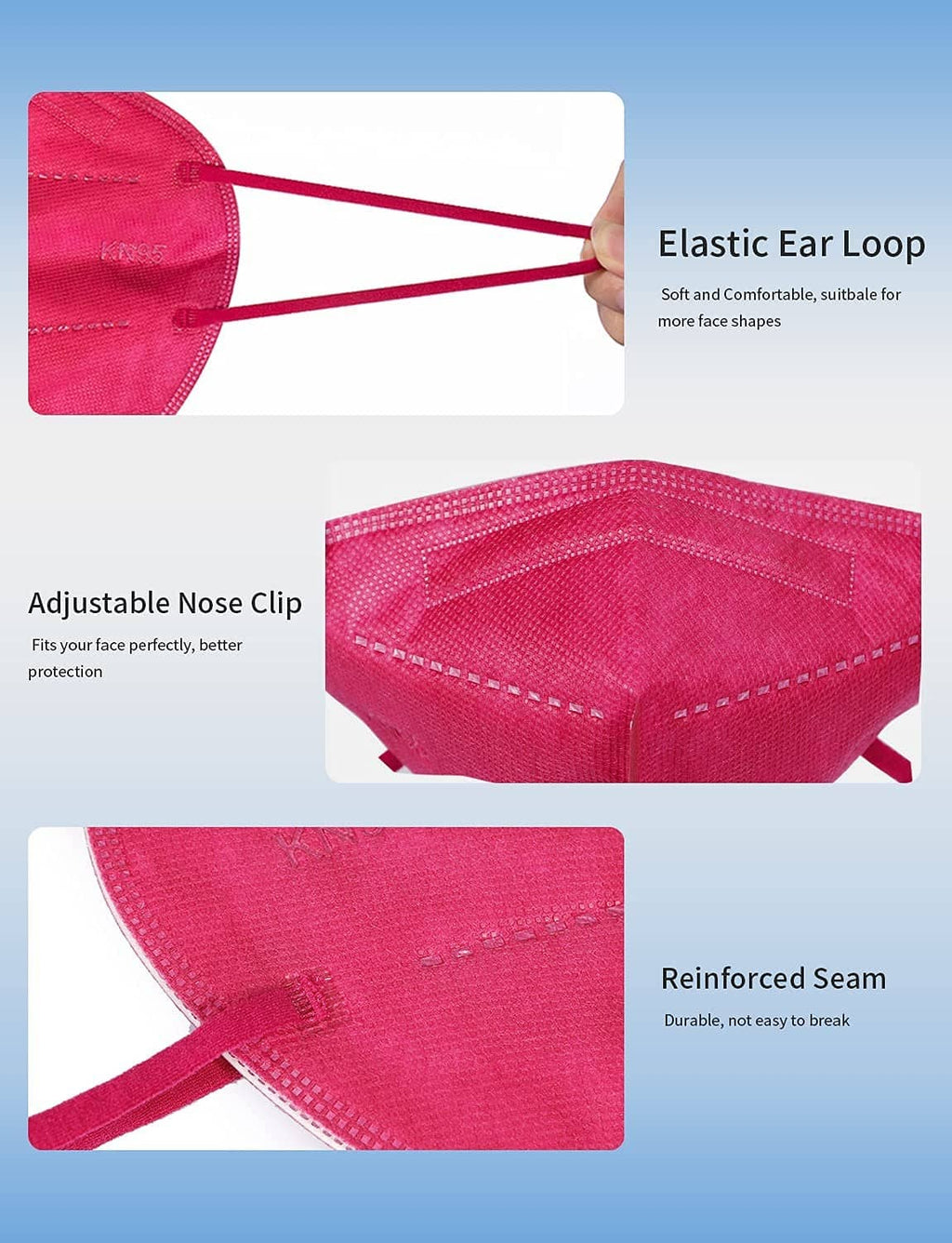 Red KN95 face mask details: elastic ear loop, adjustable nose clip, reinforced seam