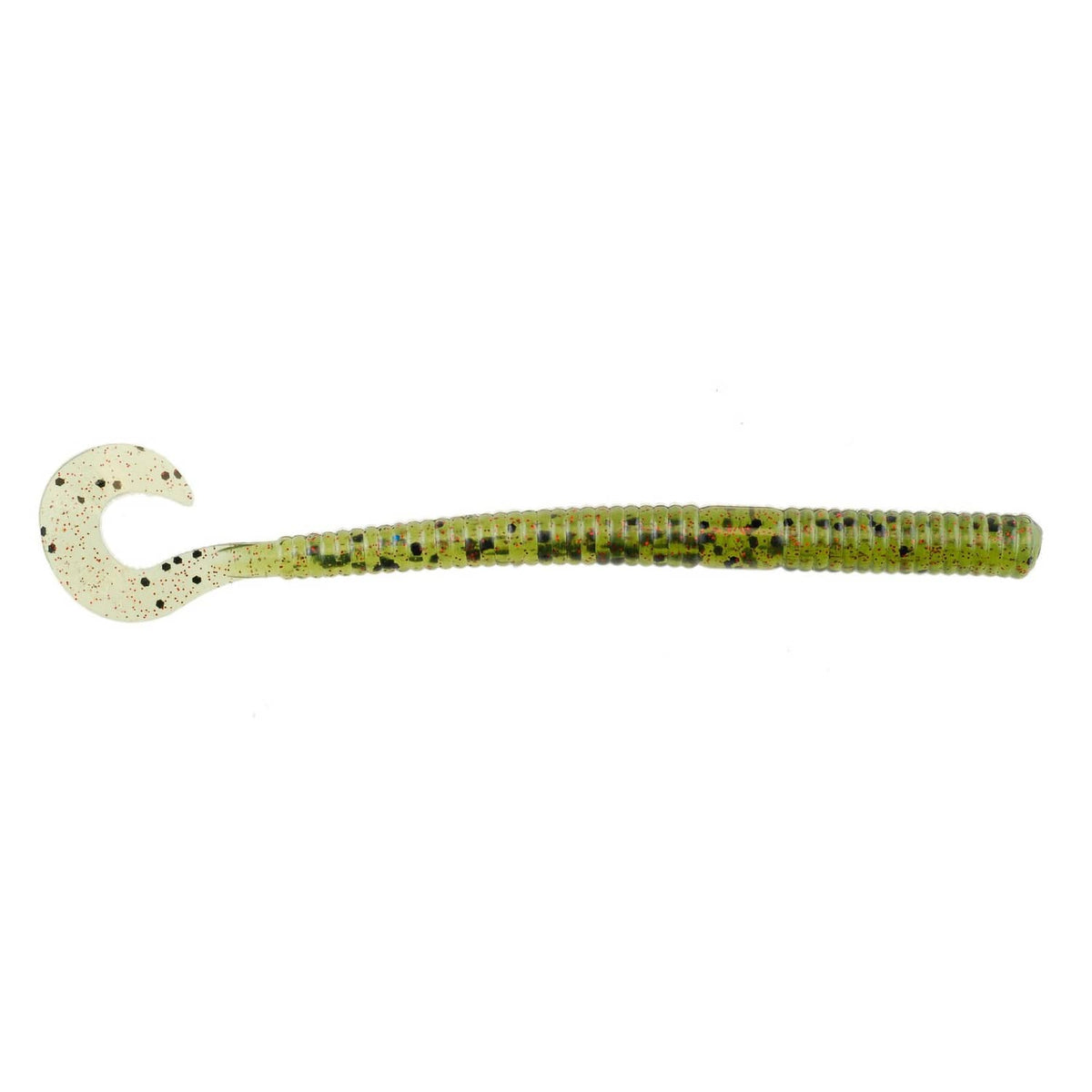 Soft curly-tail fishing worm lure, glitter-speckled body in chartreuse tones