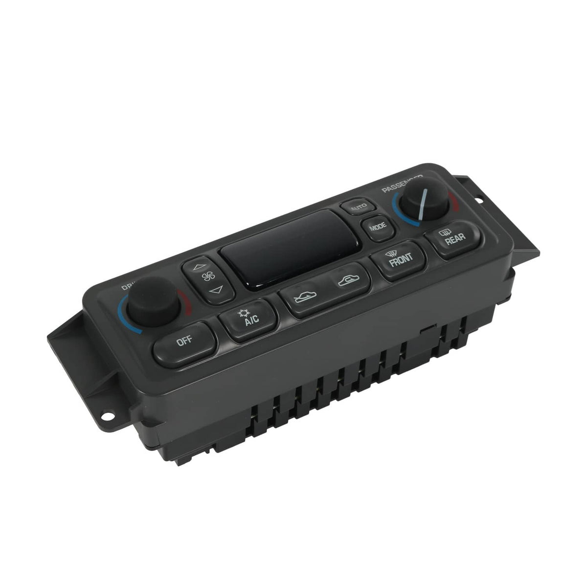 Car A/C climate control panel with dark screen, OFF button, and front/rear controls