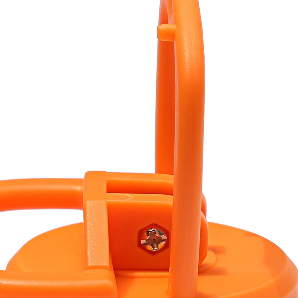 Orange suction cup puller tool base with metal fastener and upright handle