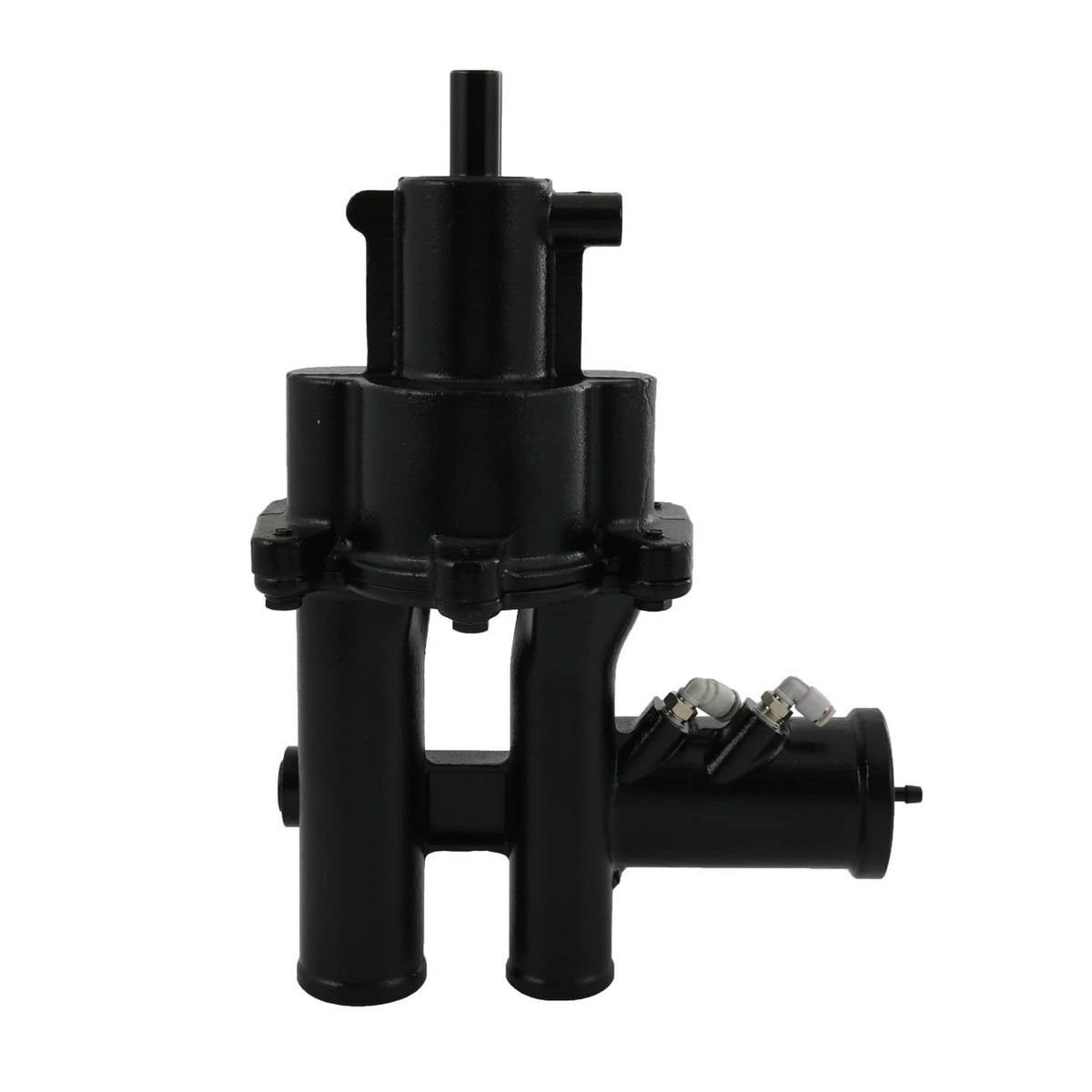 Black sea water pump assembly with side outlet port and metal connectors