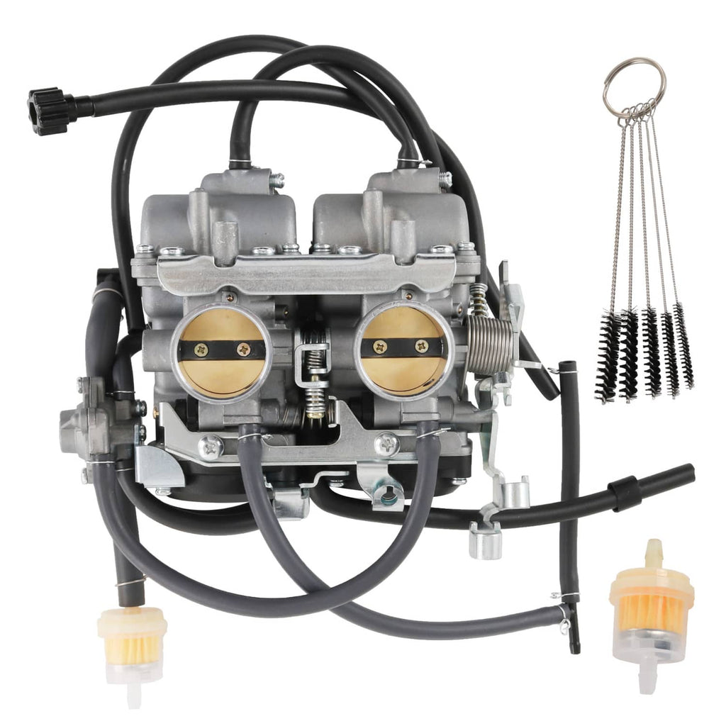 Dual carburetor assembly with black hoses, intake vents, and fuel filter
