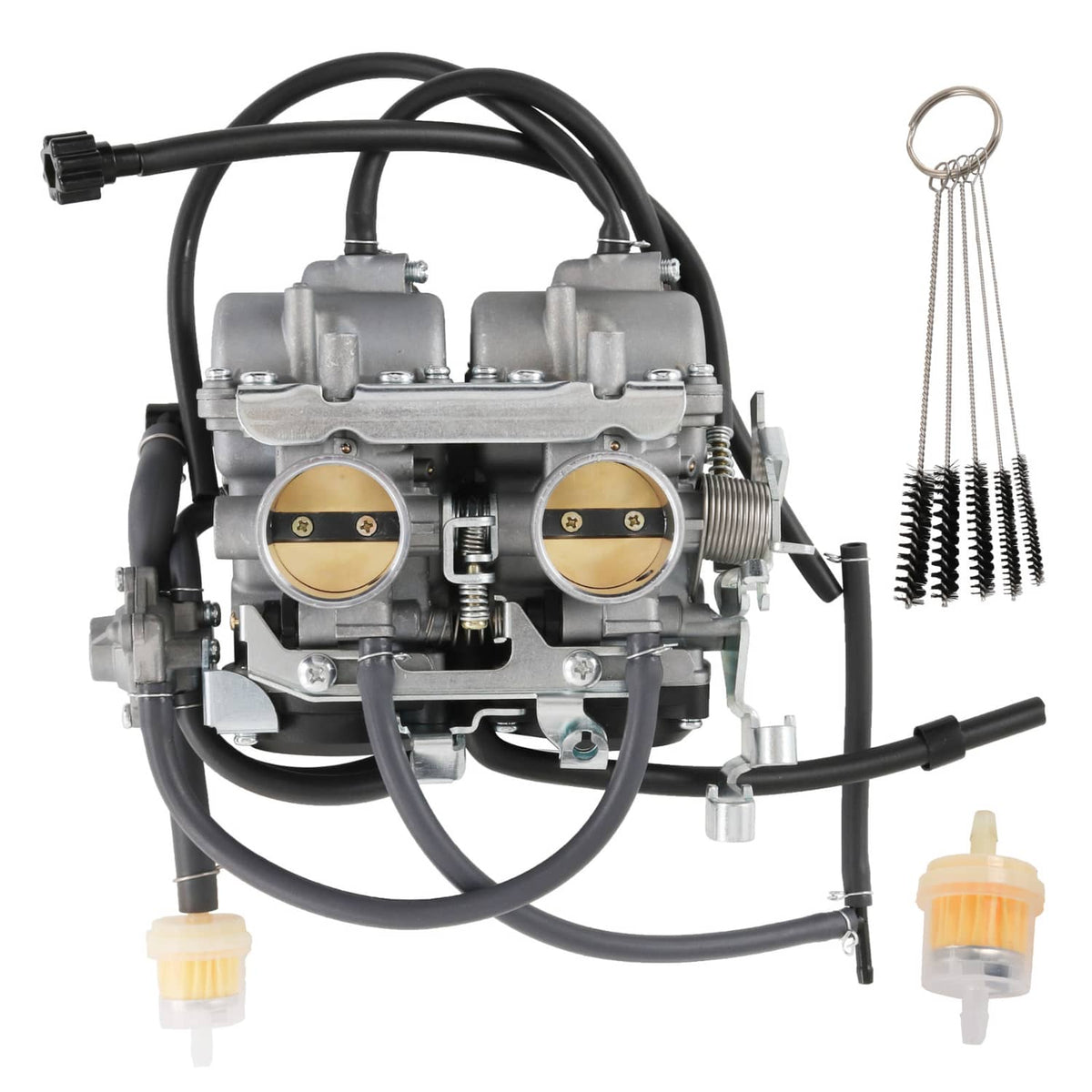 Dual carburetor assembly with black hoses, intake vents, and fuel filter