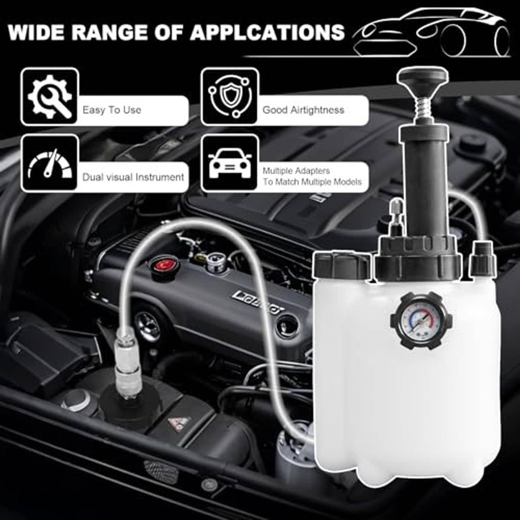 Brake bleeder vacuum pump kit with pressure gauge, adapters, and clear reservoir bottle