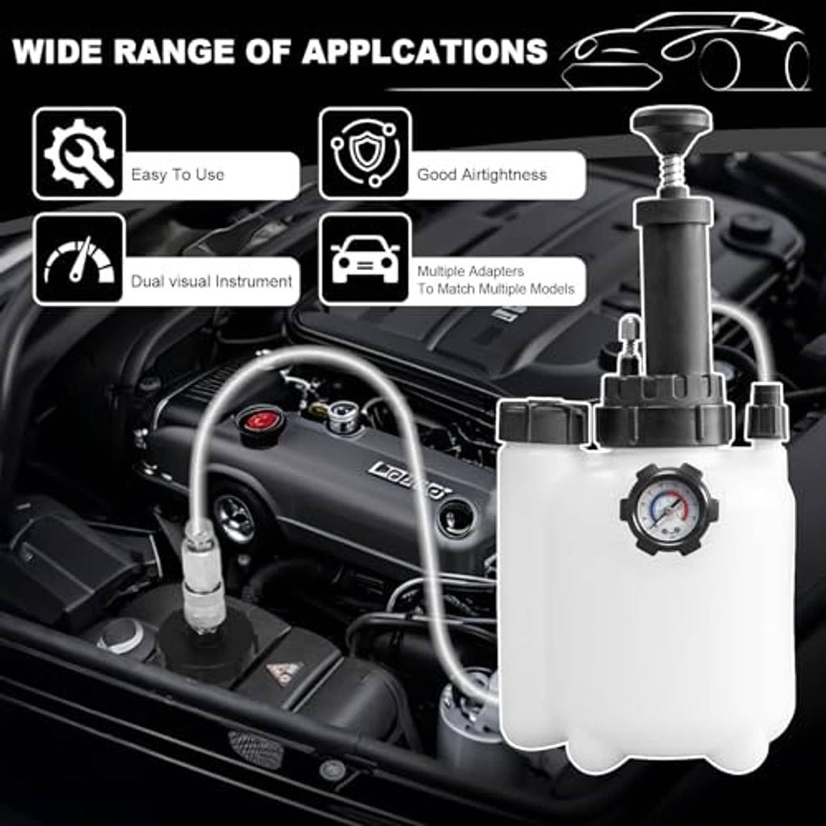 Brake bleeder vacuum pump kit with pressure gauge, adapters, and clear reservoir bottle
