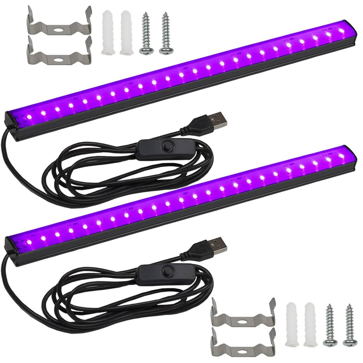 UV blacklight strip light bar set with black housing, purple LEDs, mounting clips and screws