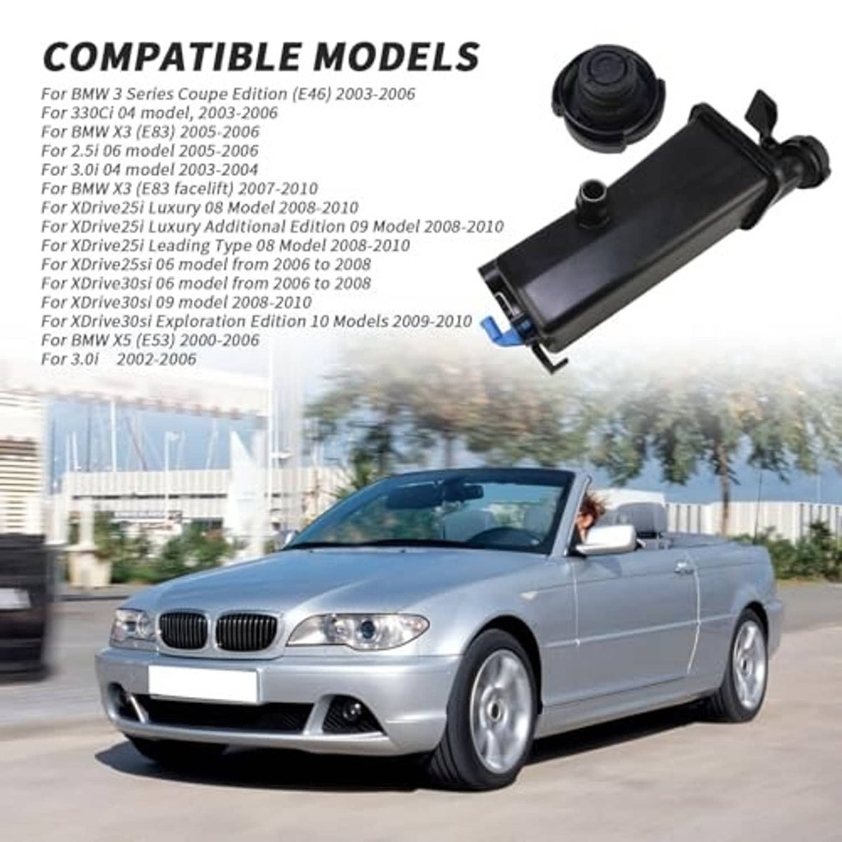 BMW engine coolant overflow reservoir tank with blue cap and mounting bracket