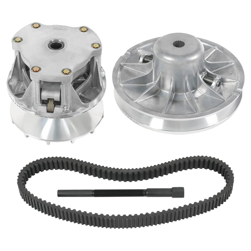 Metal clutch set with two silver drive sheaves and black rubber drive belt