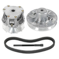Metal clutch set with two silver drive sheaves and black rubber drive belt