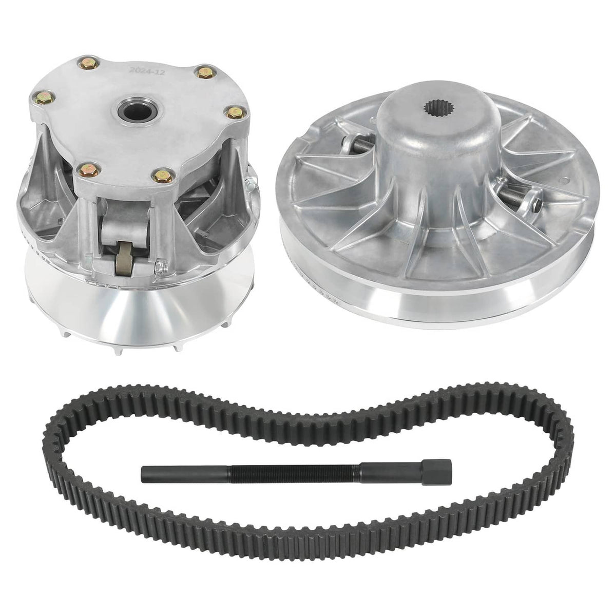 Metal clutch set with two silver drive sheaves and black rubber drive belt