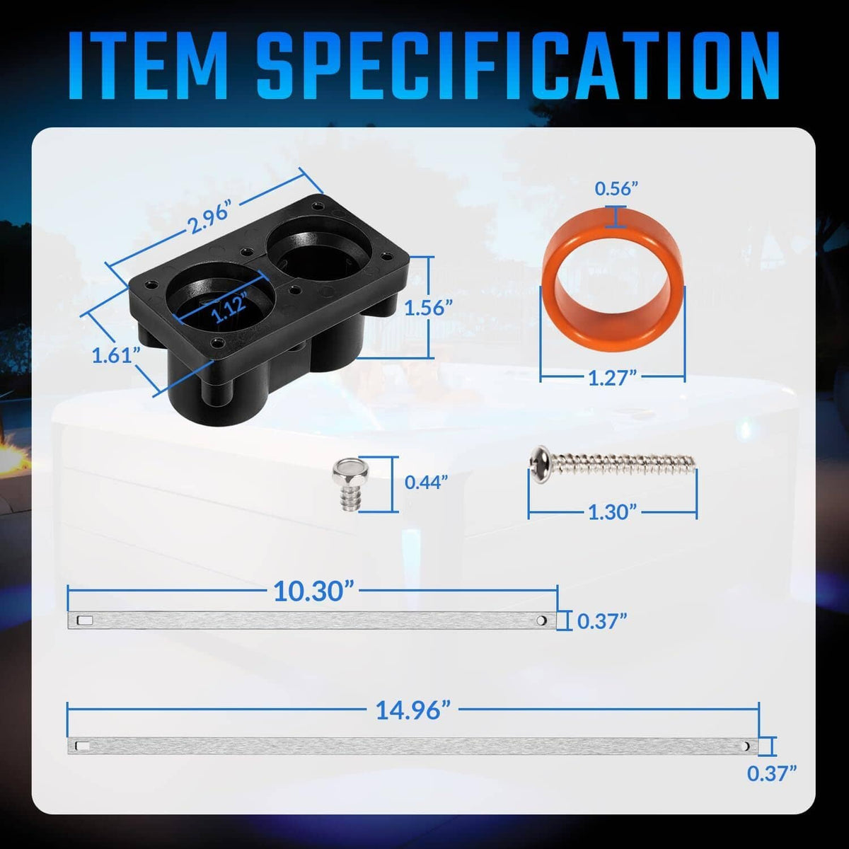 Hot tub heater end cap kit with dimension diagram and orange gasket ring