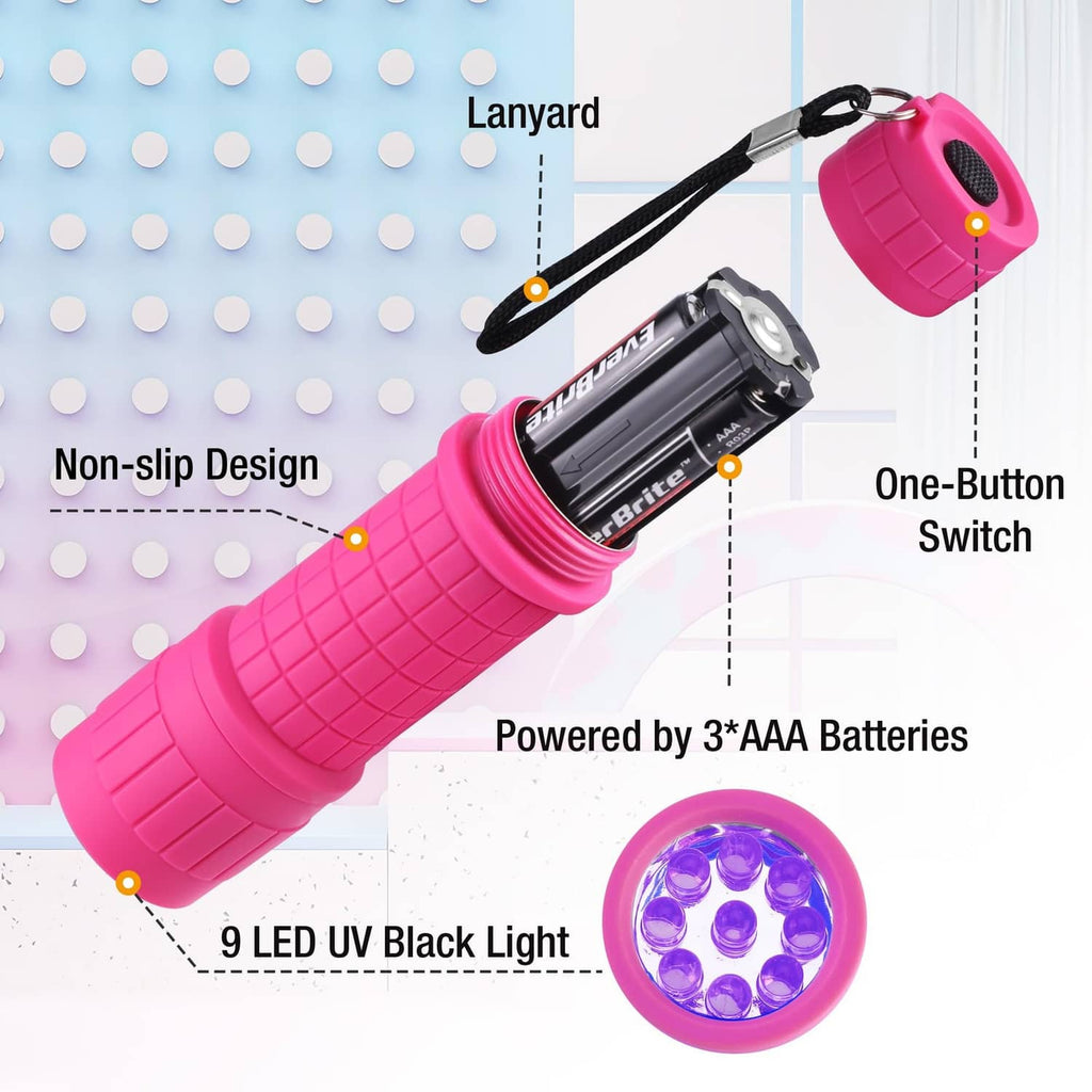 Pink 9-LED UV blacklight flashlight with lanyard, one-button switch, and 3xAAA powered design