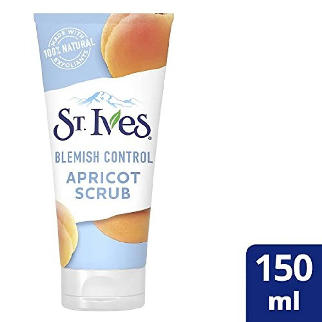 Apricot facial scrub tube with 150 ml marking and St Ives Blemish Control branding