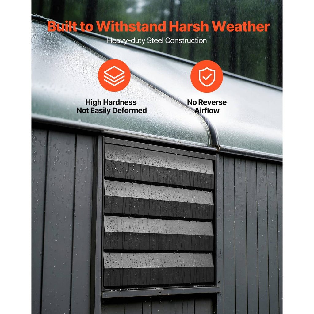 Wall-mounted exhaust fan with sturdy steel frame and weather-resistant black grille