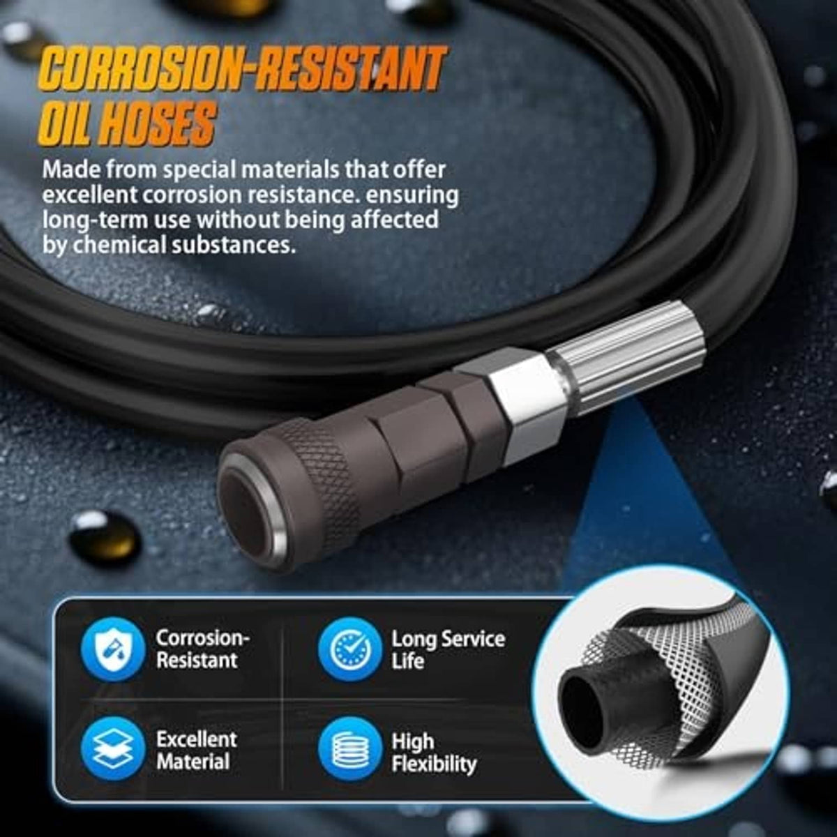 Corrosion-resistant oil hose with metal connector end and flexible braided section