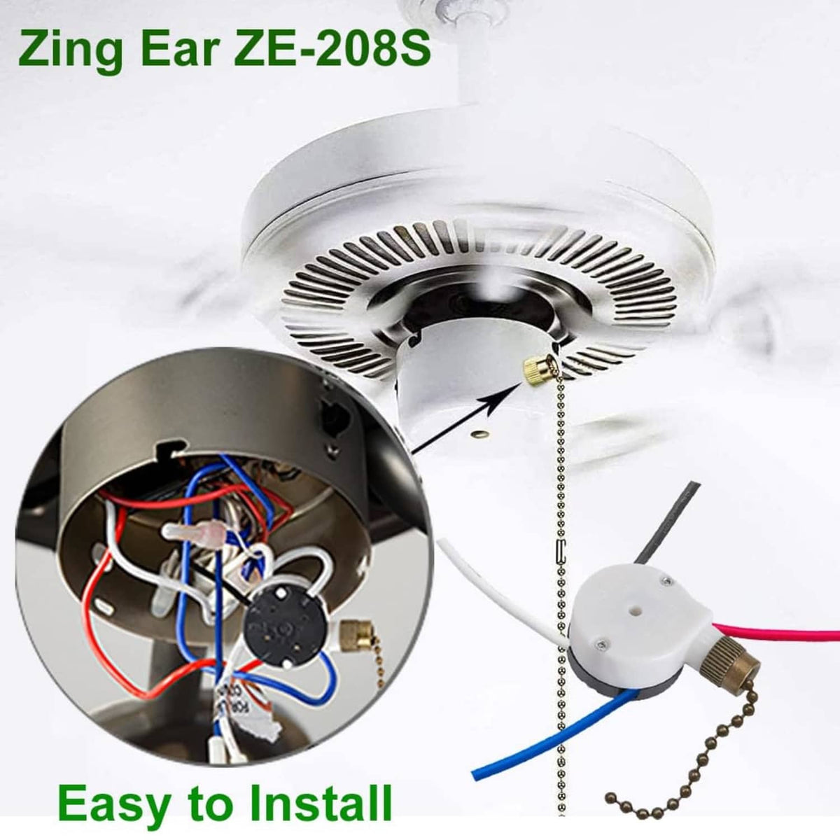 Ceiling fan pull-chain switch with internal wiring visible under white plastic housing