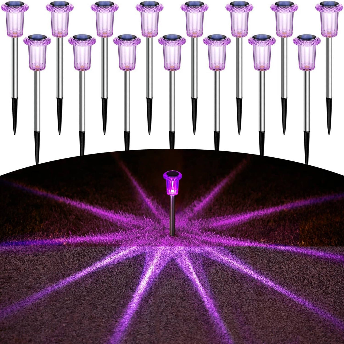 Purple solar LED stake lights, 15-pack with clear diamond lamp heads