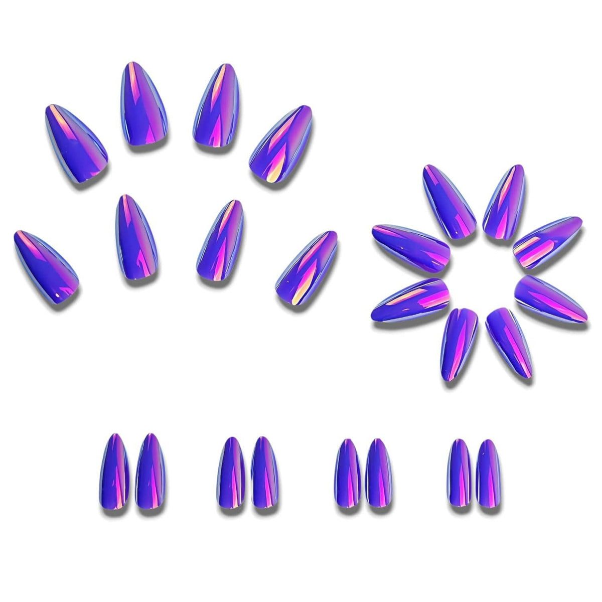 Purple iridescent chrome press-on nails, medium almond shapes laid out in clusters