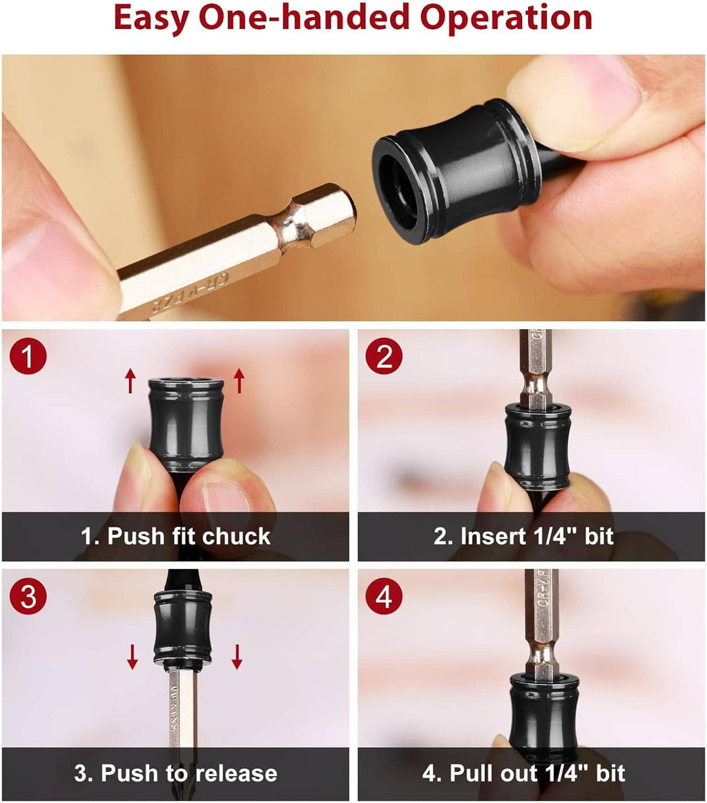 Black keychain screwdriver bit holder showing chuck securing a 1/4 hex bit