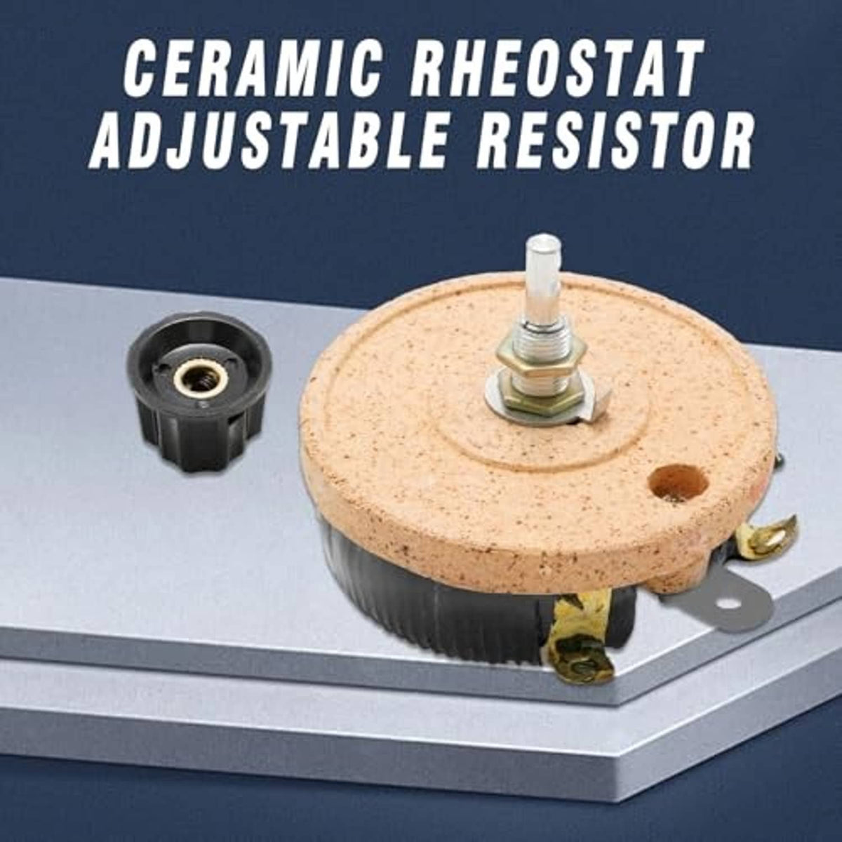 Ceramic rheostat adjustable resistor with coiled terminals and mounting screw, plus black socket