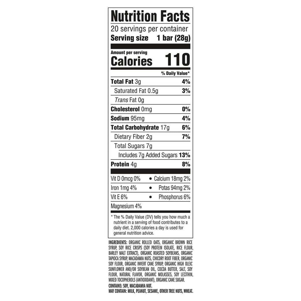 Nutrition Facts panel for CLIF BAR Minis energy bars, 110 calories