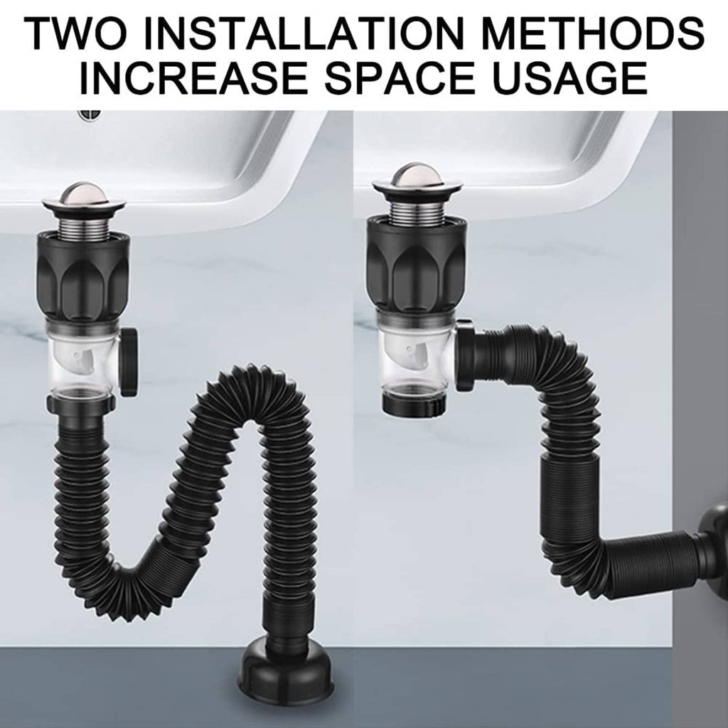 Black bathroom sink drain assembly with two connector styles and flexible corrugated hoses