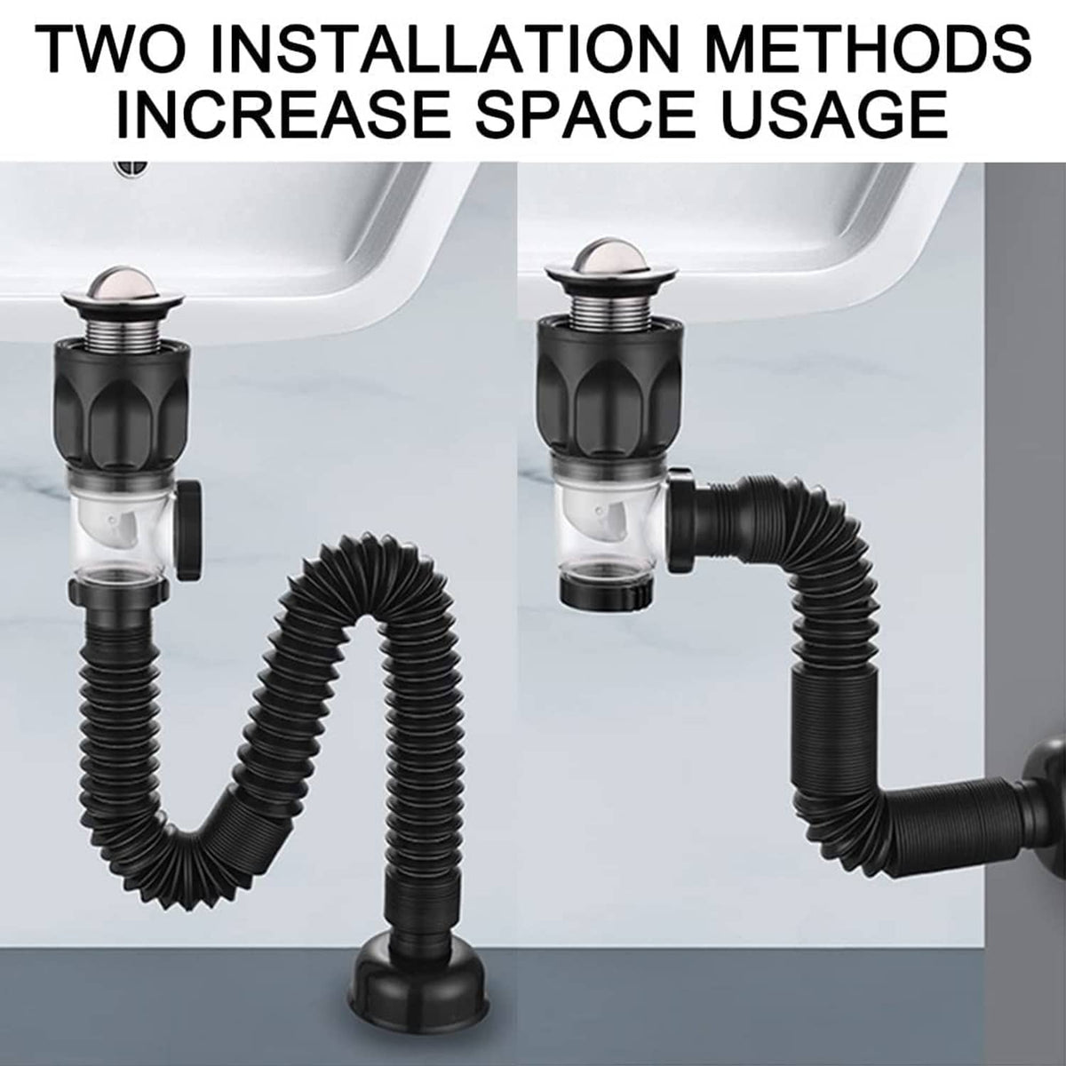 Black bathroom sink drain assembly with two connector styles and flexible corrugated hoses
