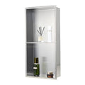Recessed stainless steel shower niche shelf with double compartments and vertical divider