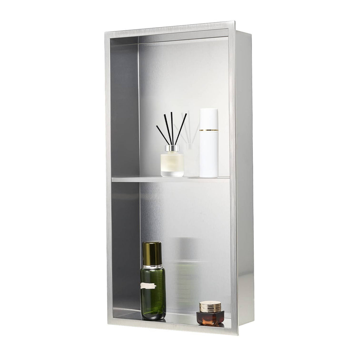Recessed stainless steel shower niche shelf with double compartments and vertical divider