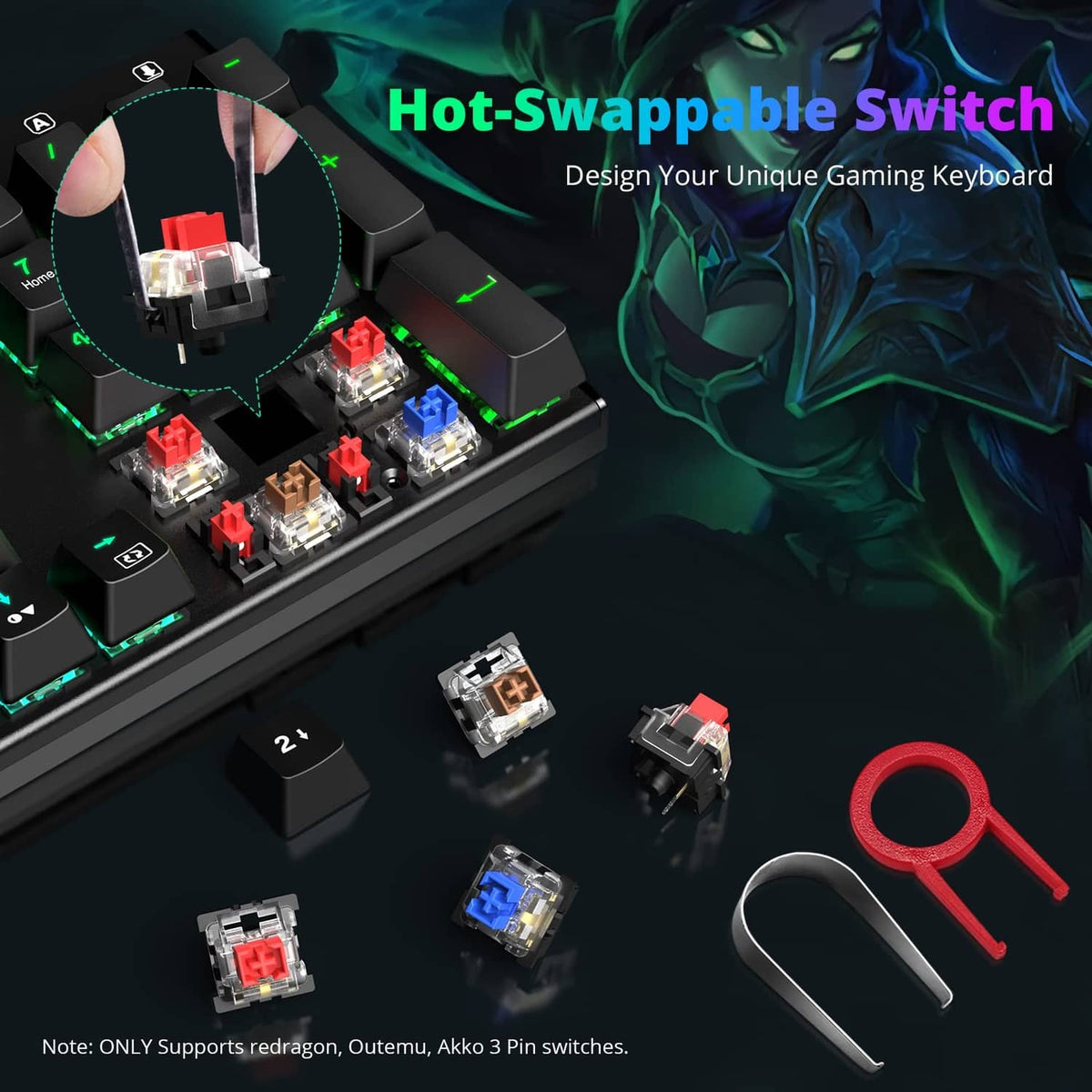 Mechanical keyboard hot-swap switch area with visible red switch housings and RGB LEDs
