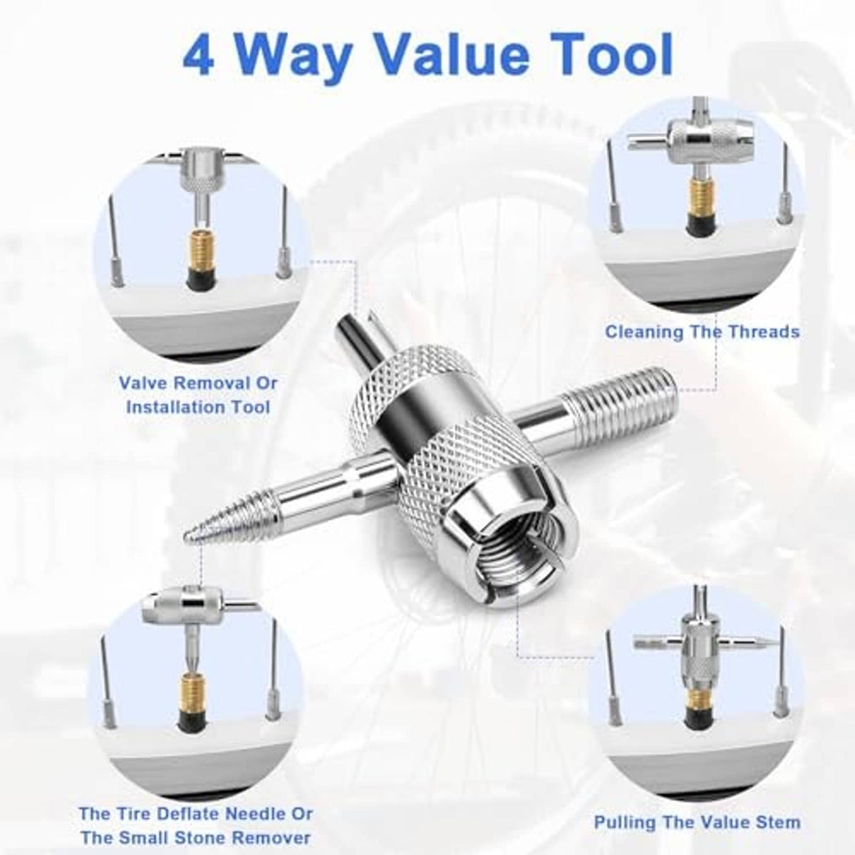 4-way valve tool with threaded fittings and removable tips for cleaning and removal